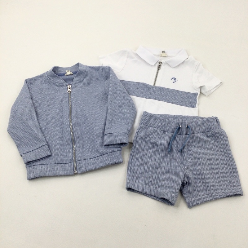 Blue & White Patterned Co-ord Polo Shirt, Shorts & Jacket - Boys 18-24 Months