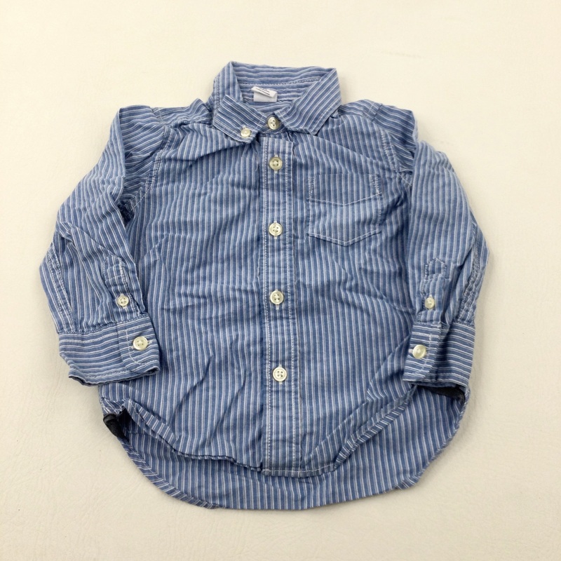 Blue & White Striped Cotton Long Sleeve Shirt - Boys 18-24 Months