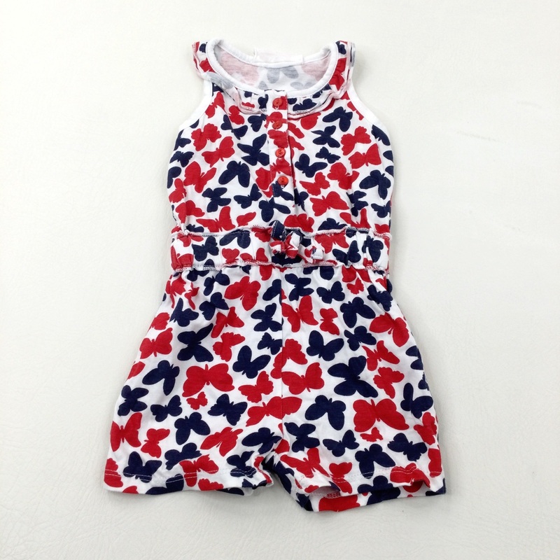 Butterflies Red, Navy & White Cotton Jersey Playsuit - Girls 18-24 Months