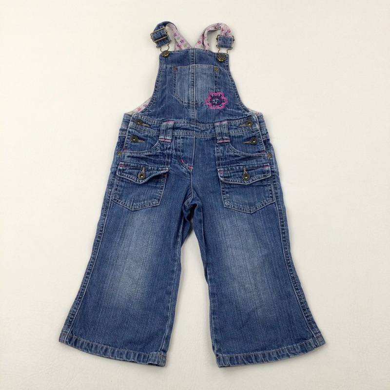 Flower Embroidered Mid Blue Denim Dungarees - Girls 18-24 Months