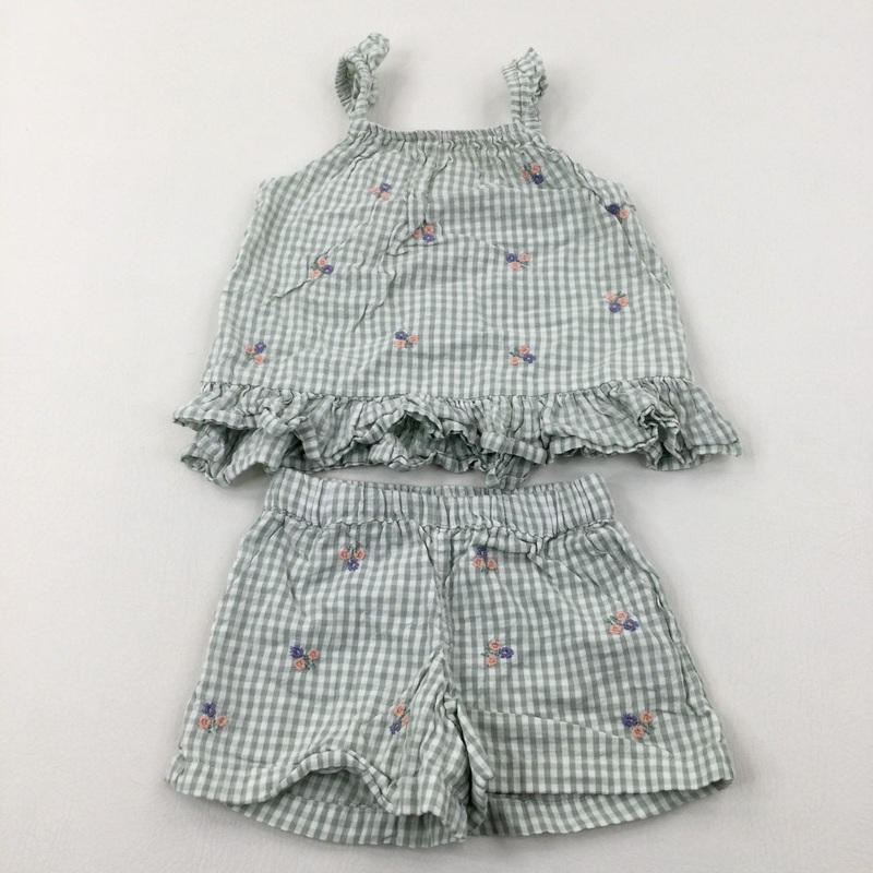 Flowers Embroidered Green Gingham Vest Top & Matching Shorts - Girls 18-24 Months
