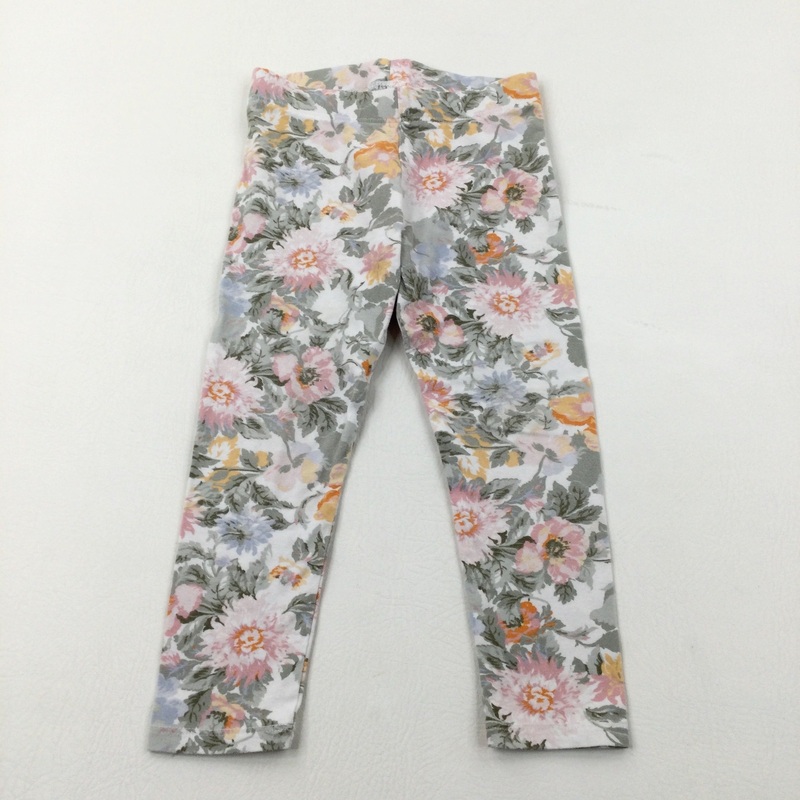 Pastel Flowers White Leggings - Girls 2-3 Years