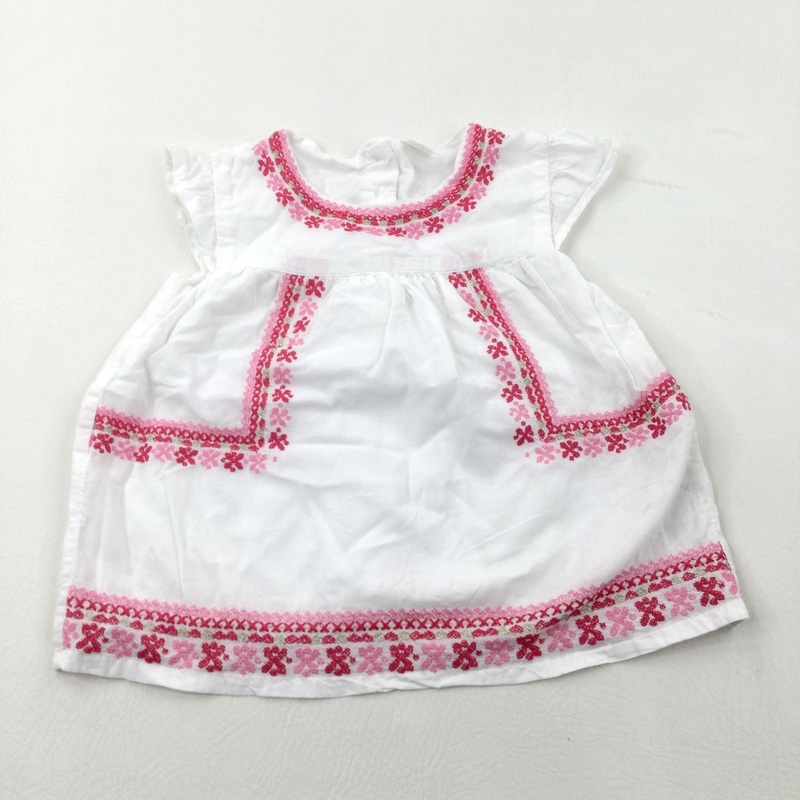 Pink Pattern Embroidered White Lined Tunic Top - Girls 18-24 Months