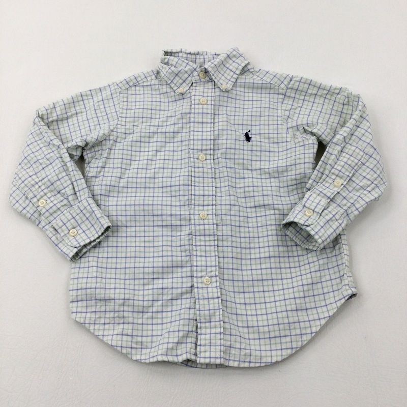 Polo Player Motif Blue & Green Checked Cotton Long Sleeve Shirt - Boys 2 Years