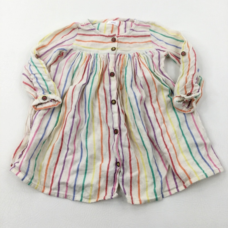 Rainbow Stripes Cream Cotton Long Sleeve Dress - Girls 18-24 Months