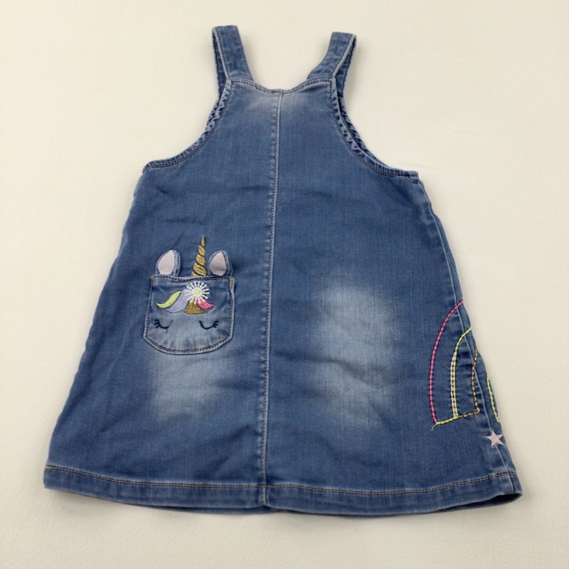 Unicorn & Rainbow Embroidered Denim Dungaree Dress - Girls 18-24 Months