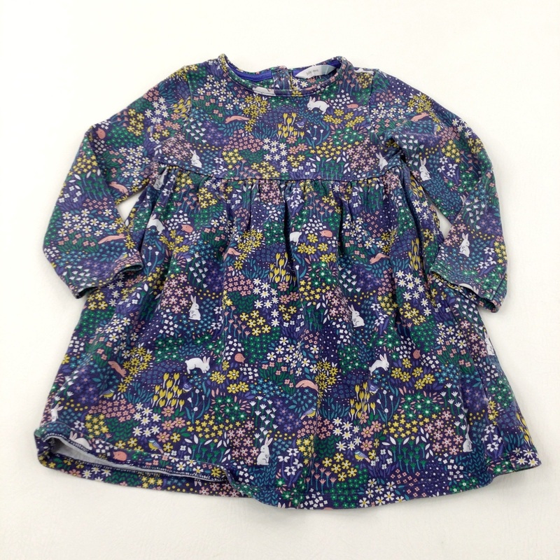Woodland Creatures & Flowers Navy Cotton Jersey Dress - Girls 2-3 Years