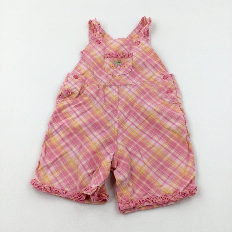 Flowers Embroidered Pink Checked Short Dungarees - Girls 12-18 Months