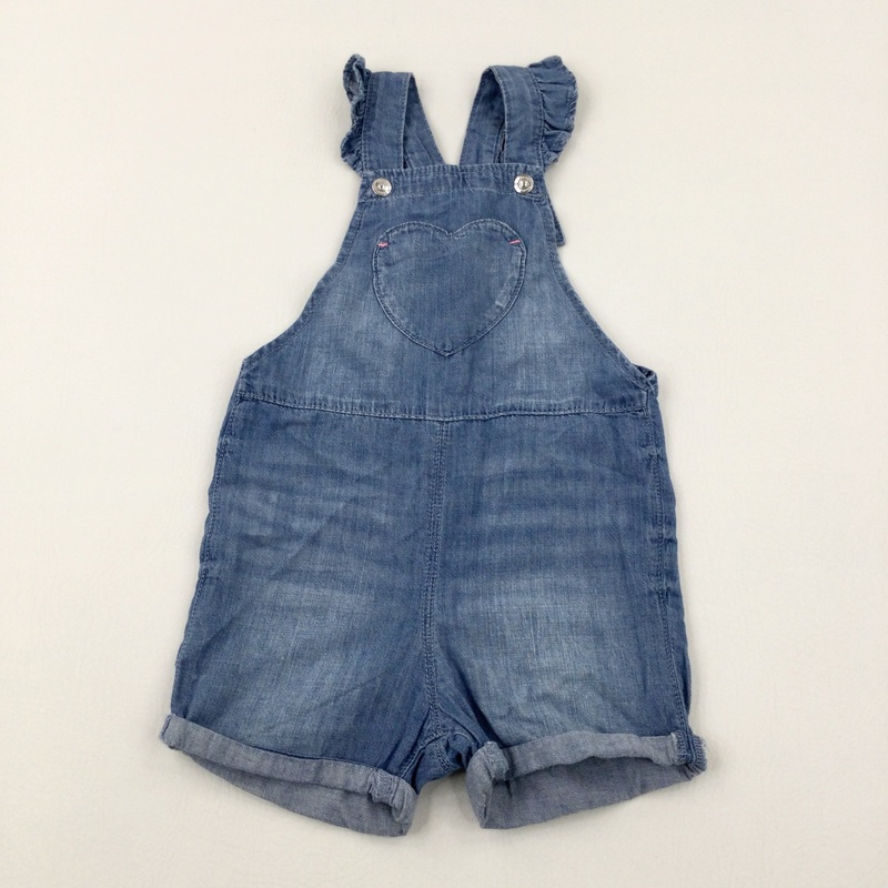 Heart Light Blue Denim Effect Short Dungarees - Girls 18-24 Months