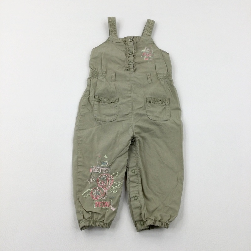 'Pretty Petal' Flowers Embroidered Khaki Dungarees - Girls 12-18 Months