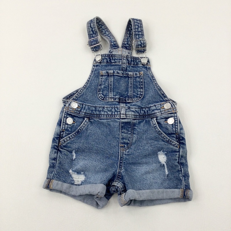 Distressed Light Blue Denim Short Dungarees - Girls 3-4 Years