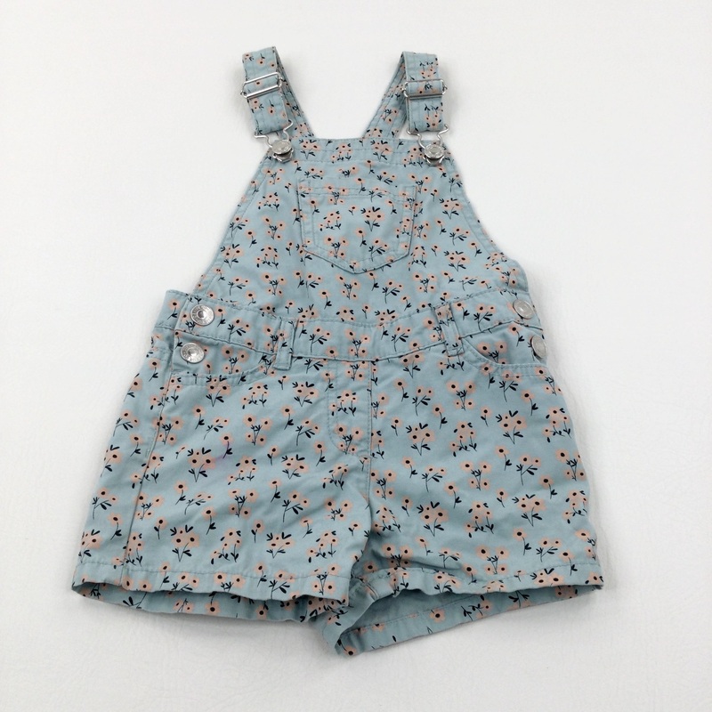 Flowers Light Blue Denim Short Dungarees - Girls 3-4 Years