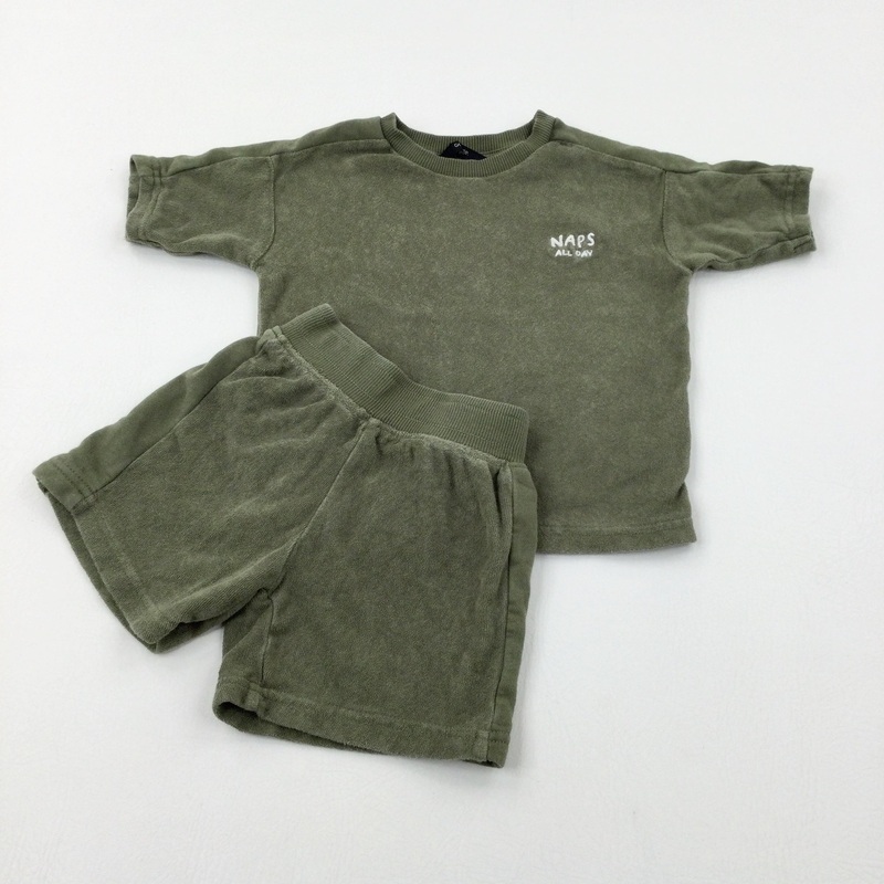 'Naps All Day' Green Towelling T-Shirt & Shorts Set - Boys 2-3 Years