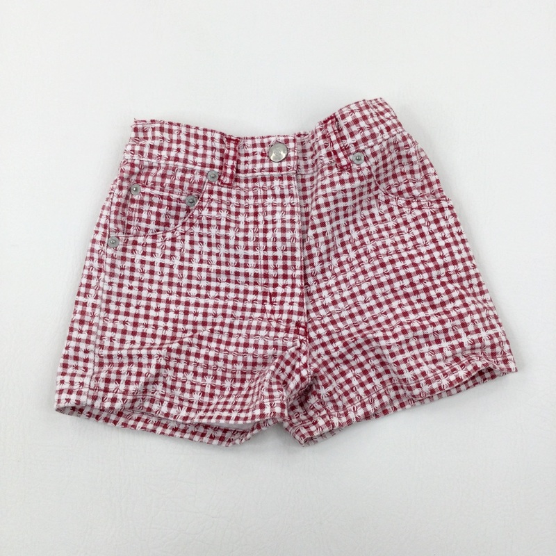 Red & White Checked Denim Shorts - Girls 3-4 Years