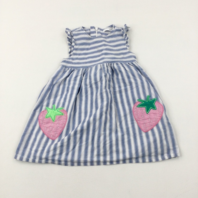 Strawberries Appliqued Blue Striped Dress - Girls 3-4 Years