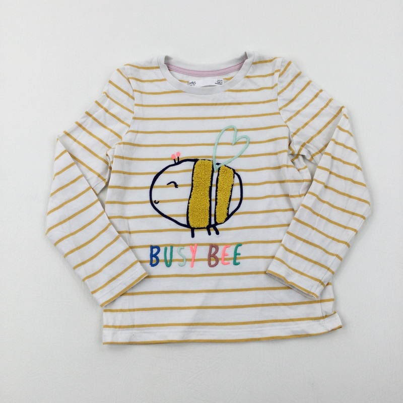 'Busy Bee' Embroidered Mustard Striped Long Sleeve Top - Girls 5-6 Years
