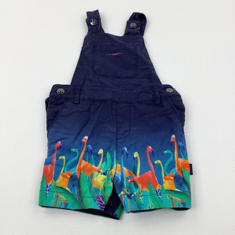 Flamingoes Colourful Navy Short Dungarees - Boys 6-9 Months