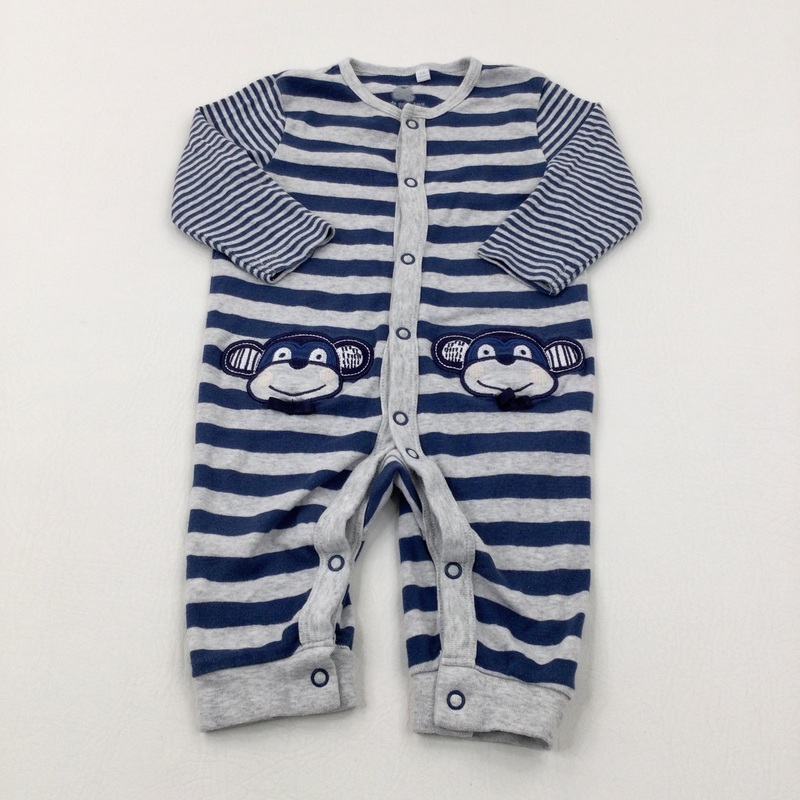 Monkeys Appliqued Navy & Grey Striped Romper - Boys 3-6 Months