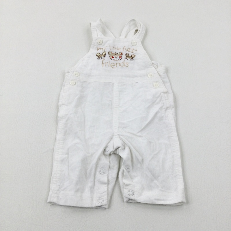 'My Little Fuzzy Friends' Mice & Bear Embroidered White Cord Dungarees - Boys 0-3 Months