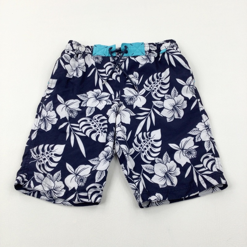Tropical Leaves Navy Swim Shorts - Boys 9-10 Years
