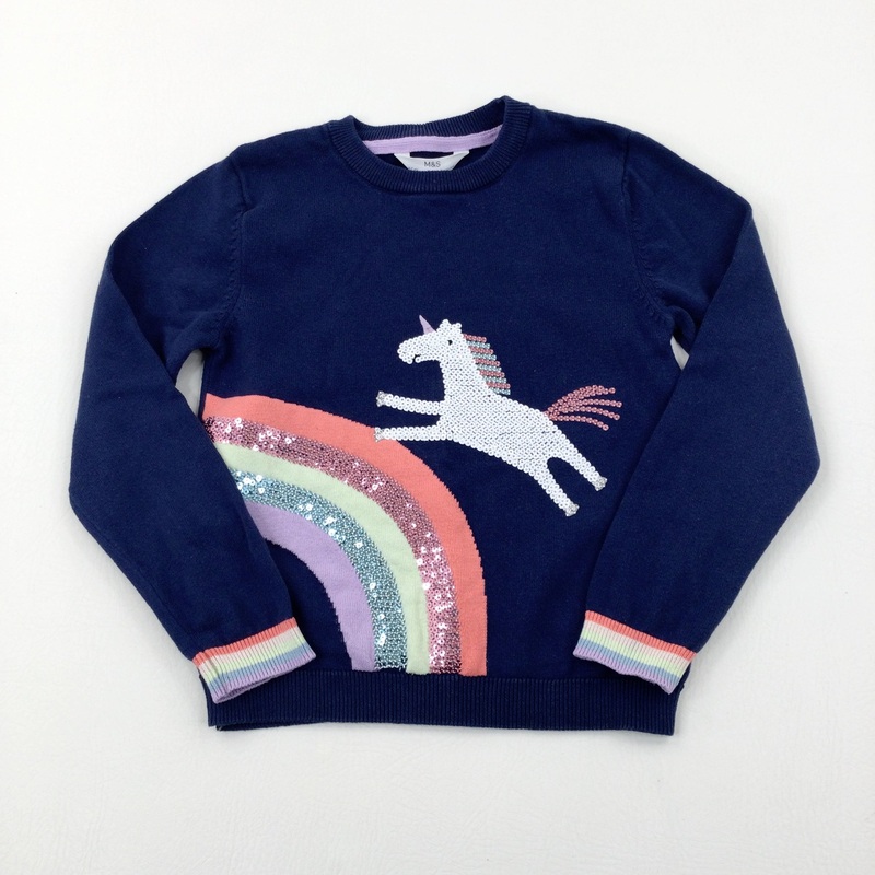 Unicorn & Rainbow Sequinned Navy Knitted Jumper - Girls 6-7 Years