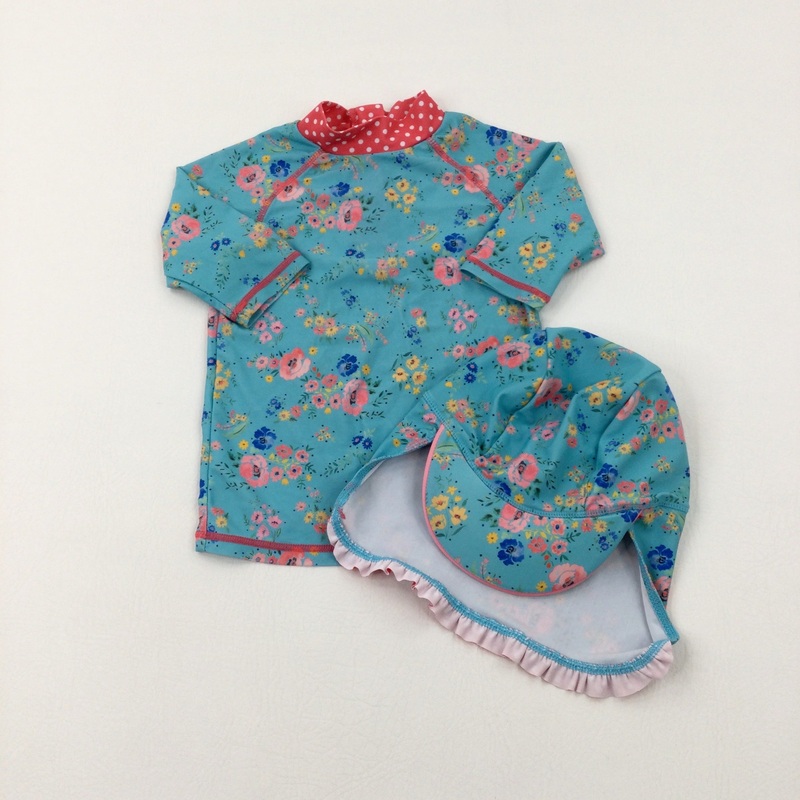 Flowers & Spots Blue & Pink Beach Top & Sun Hat - Girls 3-4 Years
