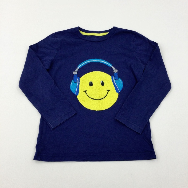 Smiley Face With Headphones Embroidered Navy Long Sleeve Top - Boys 6-7 Years