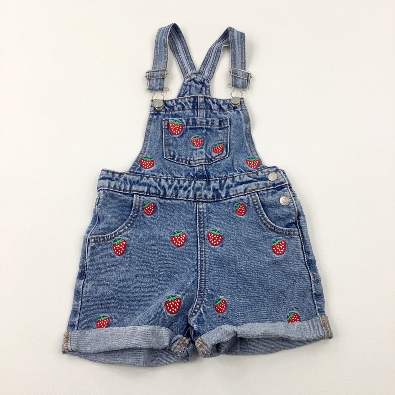 Strawberries Embroidered Mid Blue Denim Short Dungarees - Girls 4-5 Years