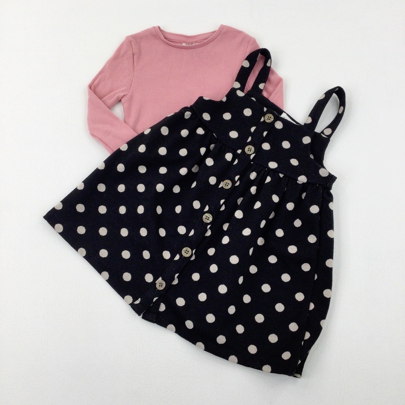 Spotty Black Dress & Pink Long Sleeve Top Set - Girls 2-3 Years
