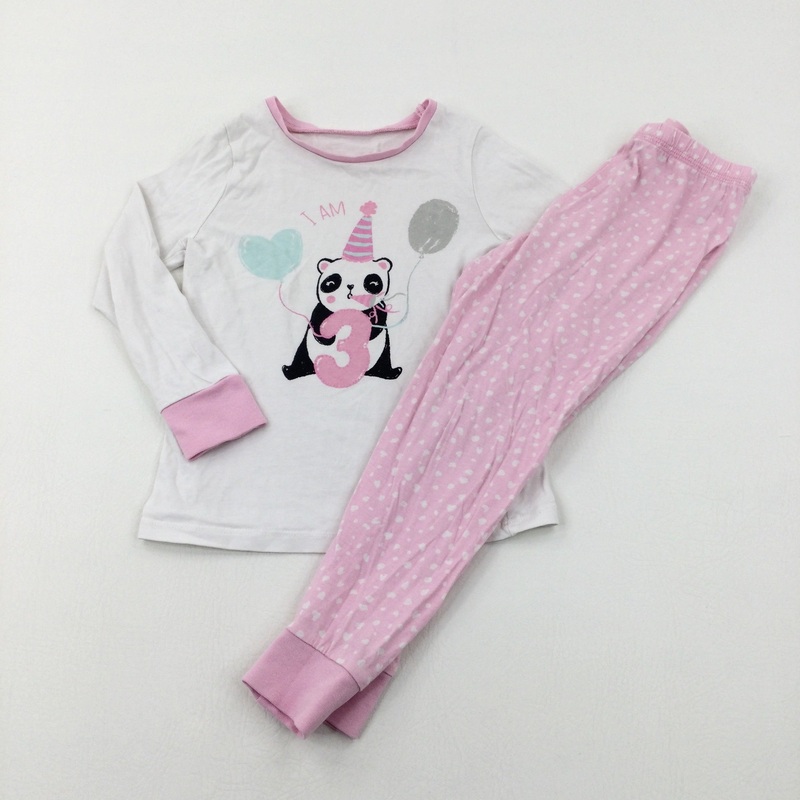 'I am 3' Panda & Balloons White & Pink Pyjamas - Girls 3-4 Years
