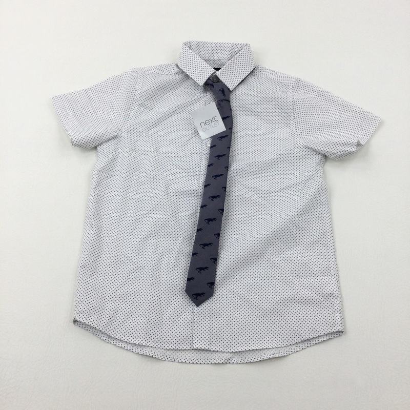 **NEW** Patterned White Shirt & Dinosaurs Grey Smart Tie - Boys 6-7 Years