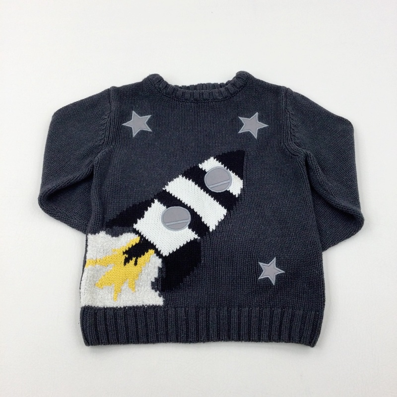 Stars & Rocket Appliqued Charcoal Grey Knitted Jumper - Boys 6-7 Years