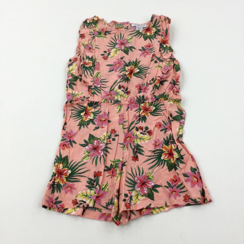 Tropical Flowers Coral Pink Lightweight Playsuit - Girls 6-7 Years
