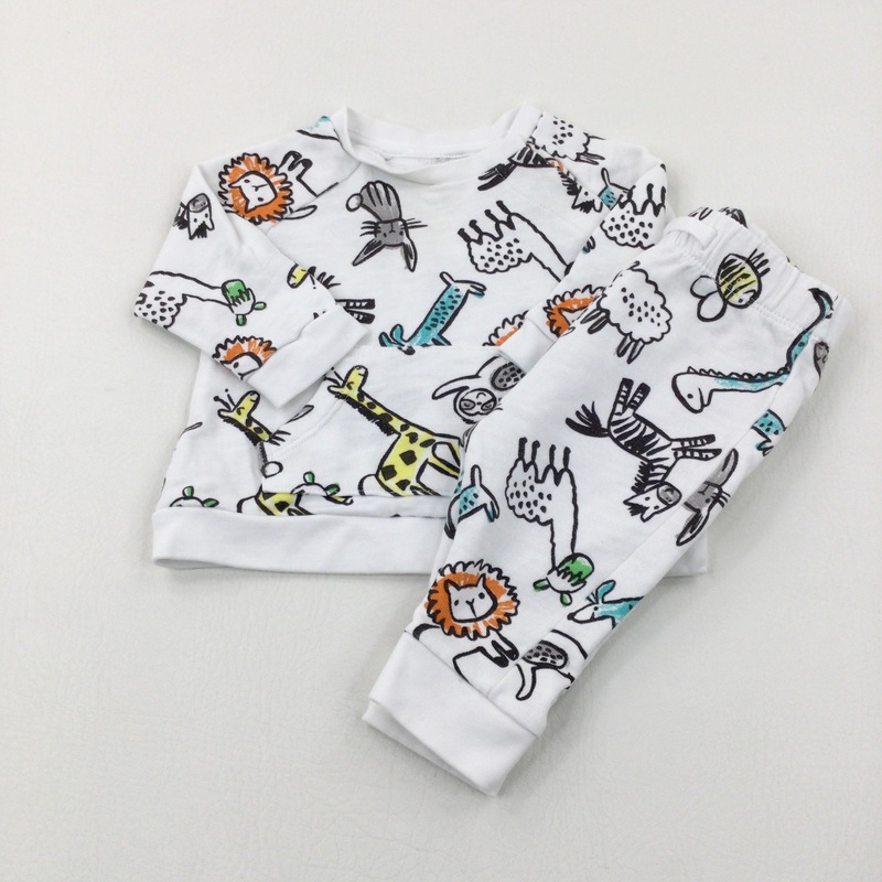 Animals Colourful White Sweatshirt & Joggers Set - Boys 3-6 Months
