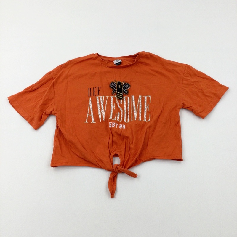'Bee Awesome' Bee Diamonte Orange Tie Top T-Shirt - Girls 9-10 Years