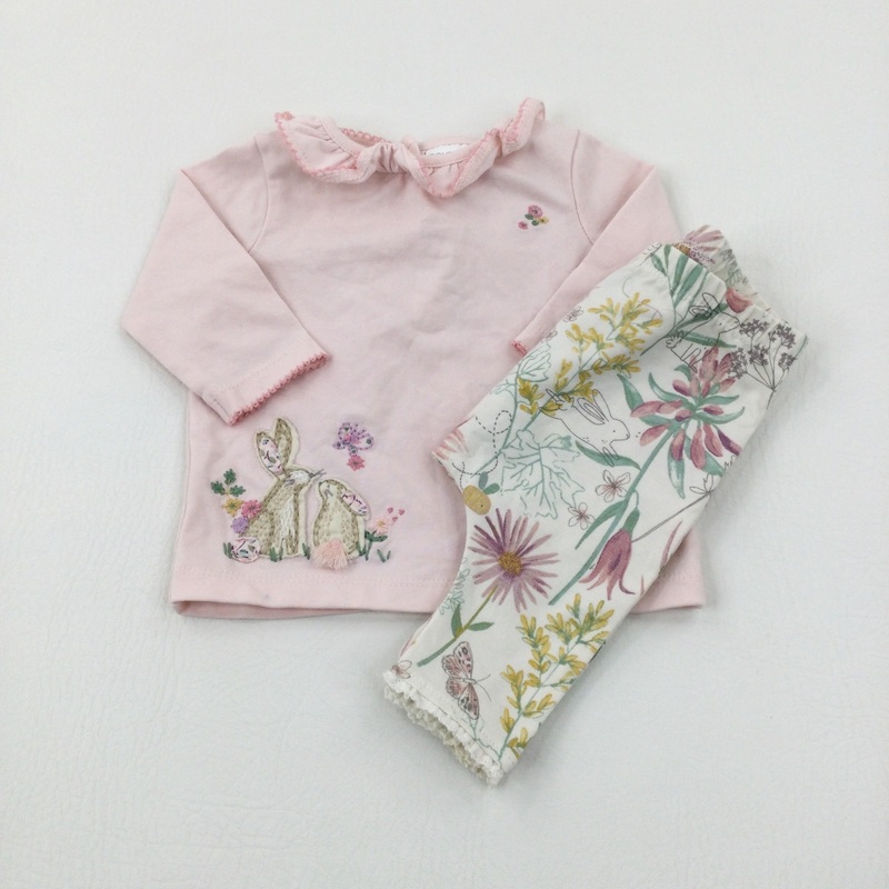 Bunnies Appliqued Pink & Cream Long Sleeve Top & Leggings - Girls Newborn