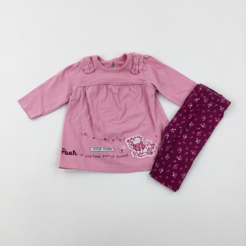 'Little Flower' Winnie The Pooh Appliqued Pink & Burgundy Long Sleeve Top & Leggings - Girls Newborn