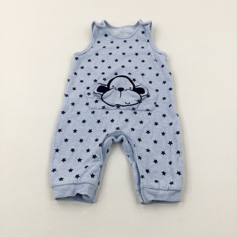 Monkey Appliqued Light Blue Dungarees - Boys 3-6 Months