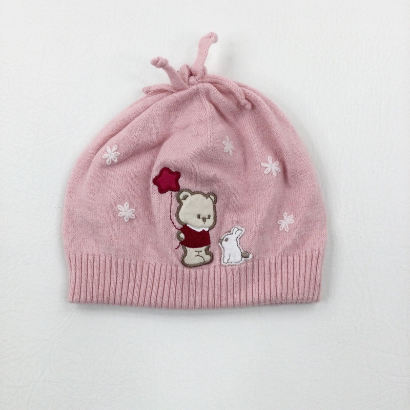 Bear & Bunny Appliqued Pink Knitted Hat - Girls 9-12 Months