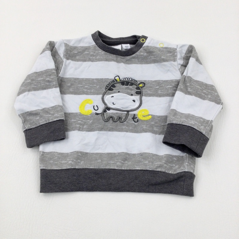 'Cute' Zebra Appliqued Grey Striped Sweatshirt - Boys 9-12 Months