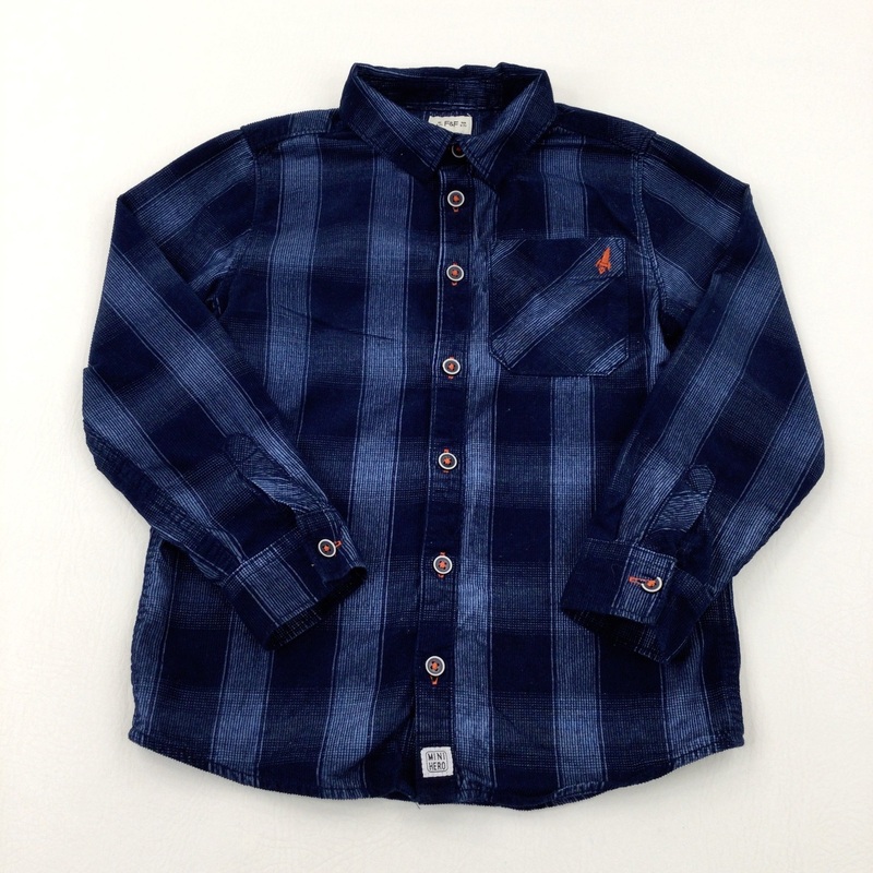 Navy Checked Cord Long Sleeve Shirt - Boys 6-7 Years