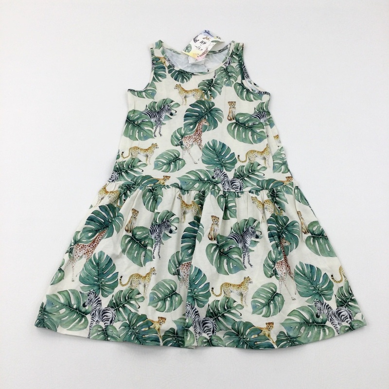 **NEW** Animals & Tropical Leaves Beige Jersey Dress - Girls 7-8 Years
