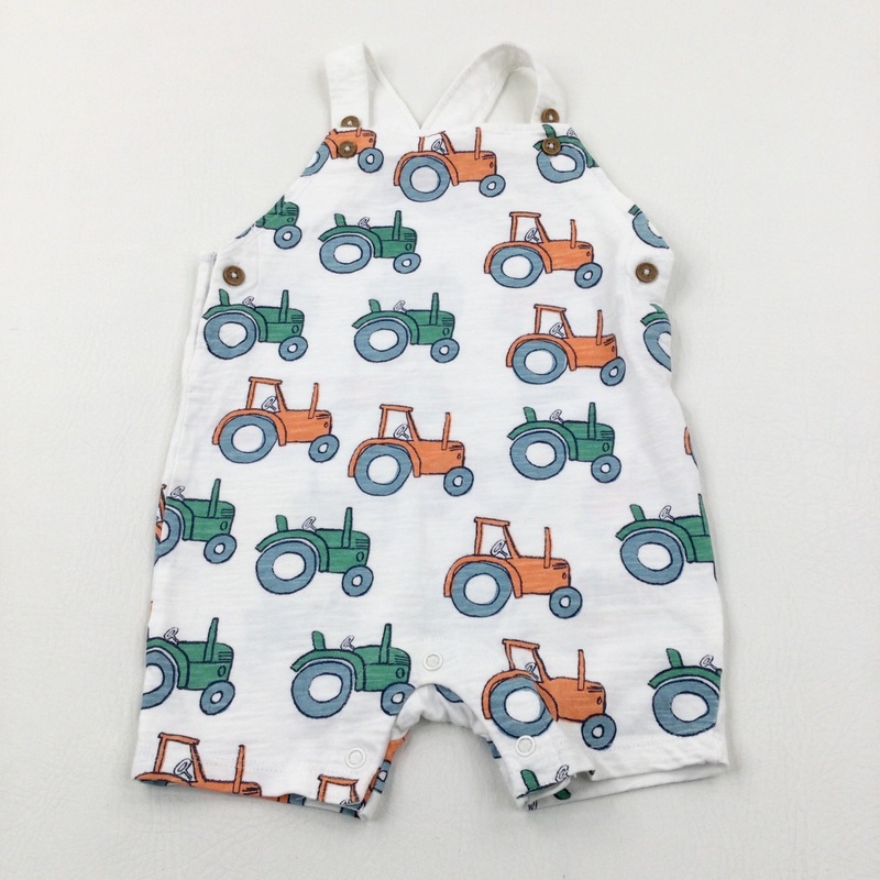 Tractors White Cotton Short Dungarees - Boys 9-12 Months