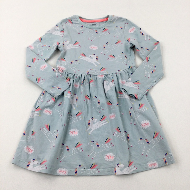 'Yippee' Unicorns Pale Blue Jersey Dress - Girls 5-6 Years