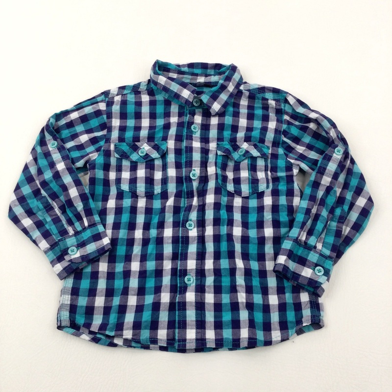 Blue & Navy Checked Cotton Long Sleeve Shirt - Boys 3-4 Years