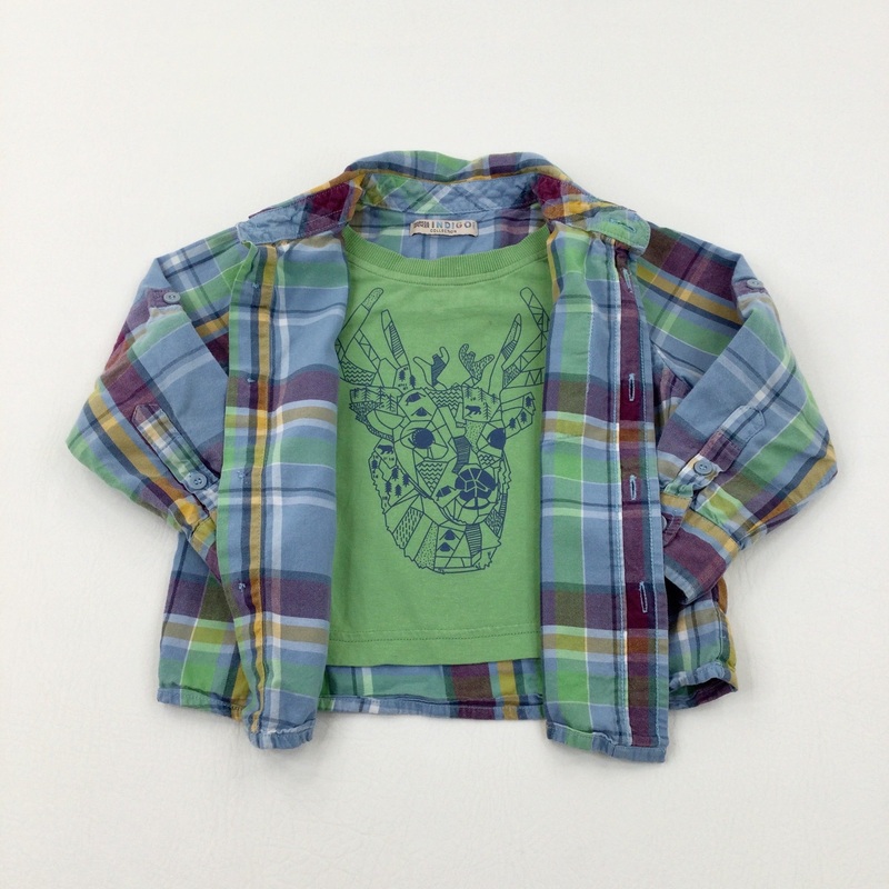 Stag Blue & Purple Checked Long Sleeve Shirt With Faux T-Shirt - Boys 2-3 Years