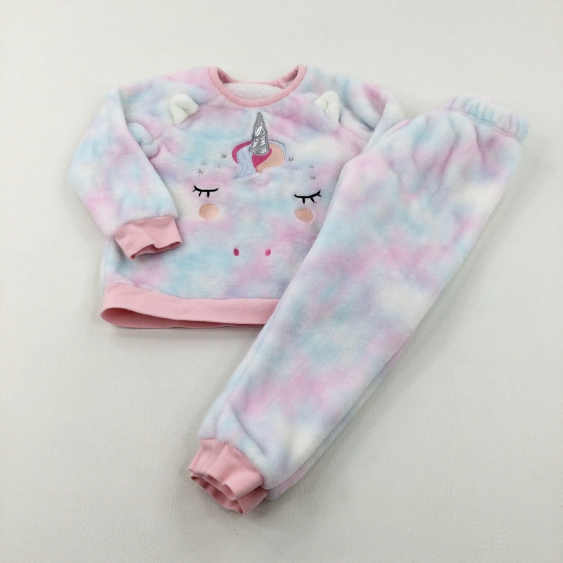 Unicorn Appliqued Colourful Fluffy Pyjamas - Girls 3-4 Years