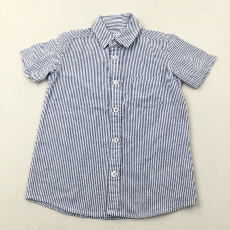 Blue & White Striped Short Sleeve Shirt - Boys 4-5 Years