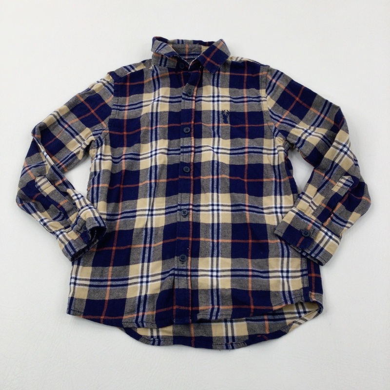 Navy & Beige Checked Cotton Long Sleeve Shirt - Boys 4-5 Years