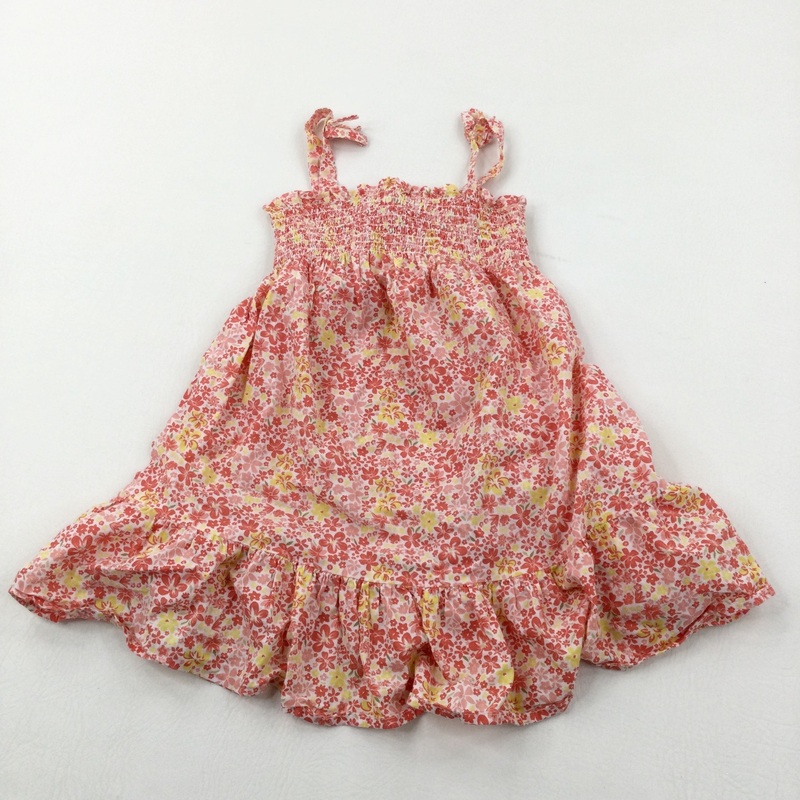 Red & Yellow Flowers White Cotton Summer Dress - Girls 3-4 Years